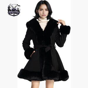 Faux Fur Leather Peplum Parka Coat with Belt Slim Fit Winter Jacket